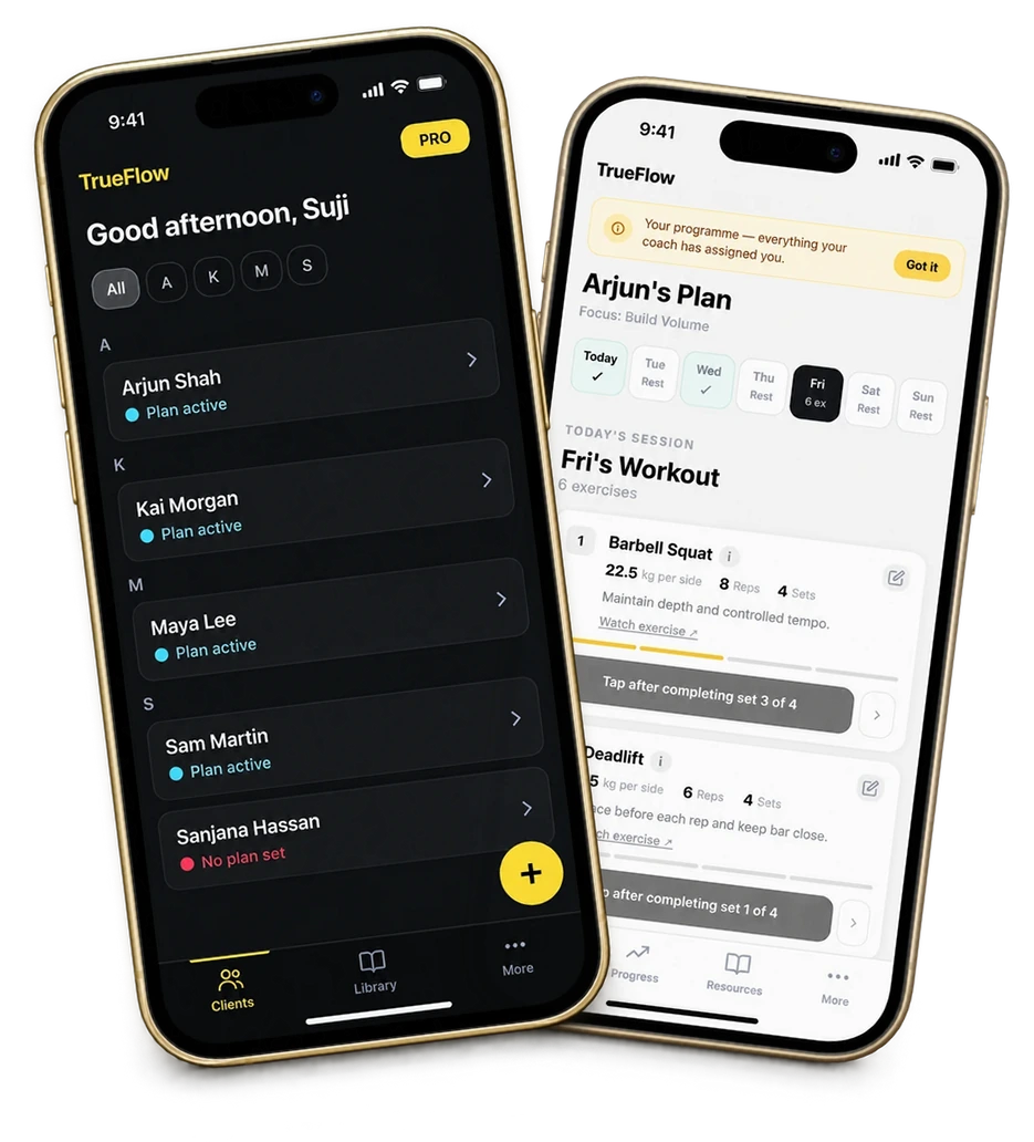 TrueFlow app showing a coach's client list and a client's workout plan side by side