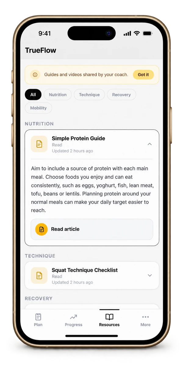 Resources From Your Coach: access useful guides and videos wherever you train