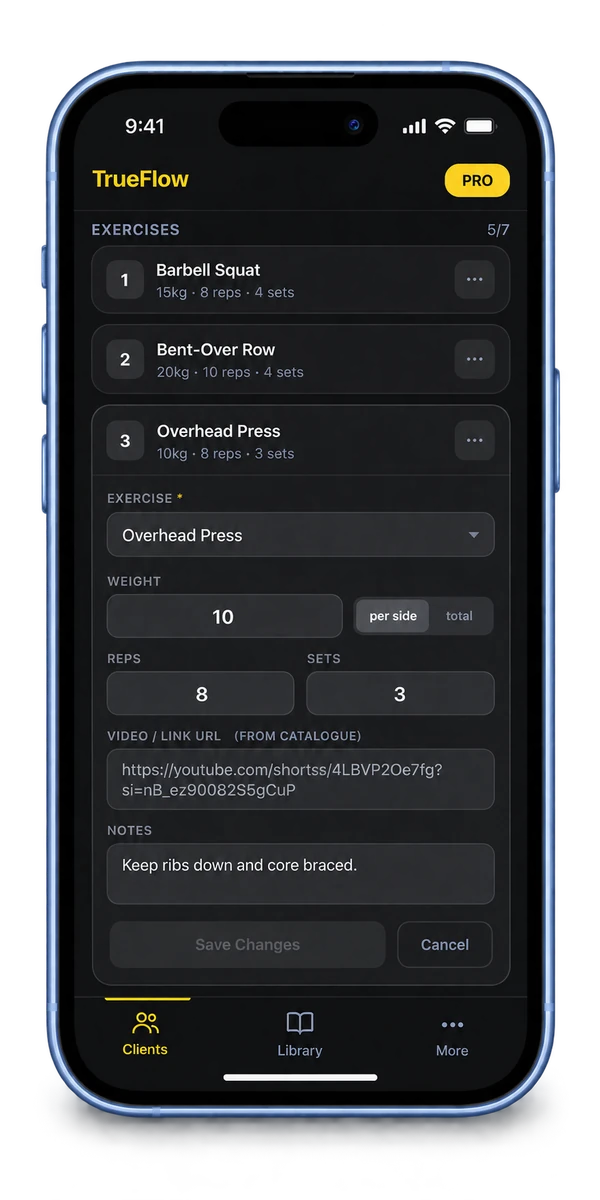 Set Every Exercise Detail: add weights, reps, sets, videos and coaching notes